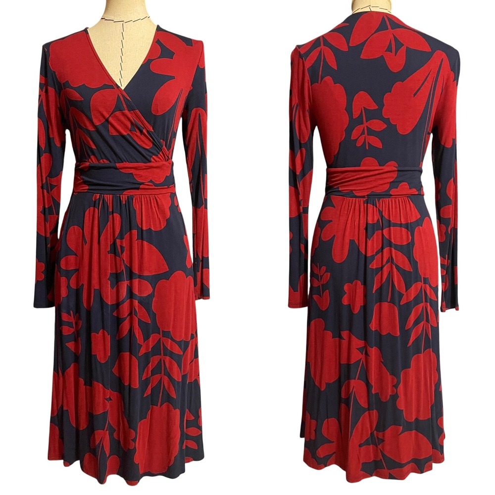 Boden Jersey Midi V-Neck Long‎ Sleeve Dress Red Navy Floral US 6L